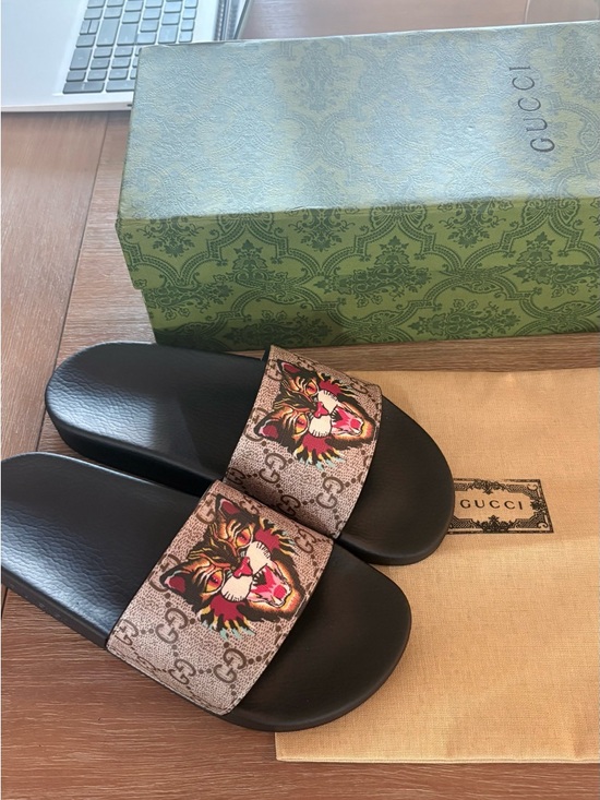 Neiman Marcus Shoes - Fashion GG Black Slides with Beige Strap and Multicolor Tiger Motif